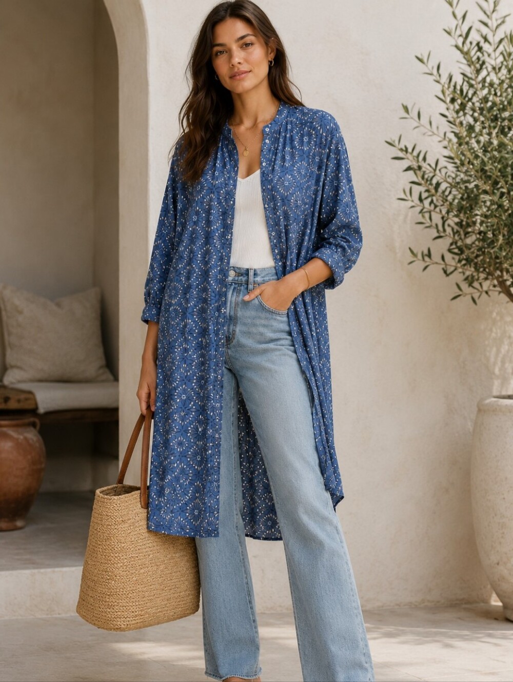 H&M Womens Semi Sheer Sunburst Printed Button-Front Cover Up Duster‎